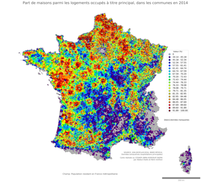 Part de maisons parmi les logements occupés à titre principal - com2014
Mots-clés: résidence et logement;conditions d-existence;communes