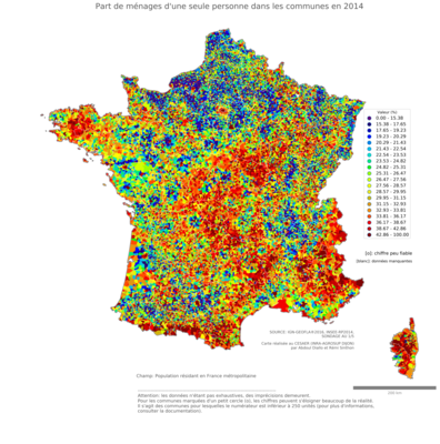 Part de ménages d'une seule personne - com2014
Mots-clés: famille et enfants;couple;communes