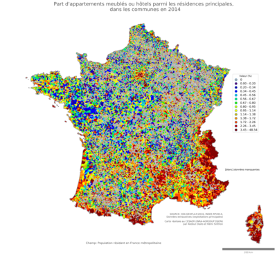 Part d'appartements meublés ou hôtels parmi les résidences principales - com2014
Mots-clés: résidence et logement;conditions d-existence;classes populaires;communes