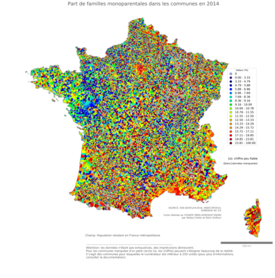 Part de familles monoparentales - com2014
Mots-clés: famille et enfants;conditions d-existence;communes