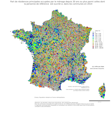 Part de résidences principales occupées par le ménage depuis 30 ans ou plus parmi celles dont la personne de référence est ouvrièr.e - com2014
Mots-clés: résidence et logement;profession;classes populaires;communes