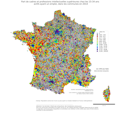 Part de cadres et professions intellectuelles supérieures chez les 15'34 ans actifs ayant un emploi - com2014
Mots-clés: profession;âge;classes supérieures;communes