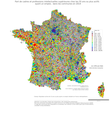 Part de cadres et professions intellectuelles supérieures chez les 55 ans ou plus actifs ayant un emploi - com2014
Mots-clés: profession;âge;classes supérieures;communes