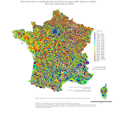 Part d'ouvriers ou employés chez les 55 ans ou plus actifs ayant un emploi - com2014
Mots-clés: profession;âge;classes populaires;communes