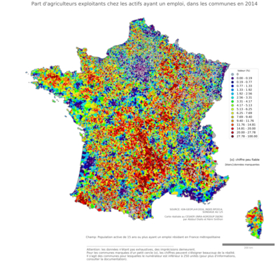 Part d'agriculteurs exploitants chez les actifs ayant un emploi - com2014
Mots-clés: profession;sexe;femmes;fonction publique ou indépendance;communes