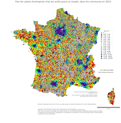 Part de cadres d'entreprise chez les actifs ayant un emploi - com2014
Mots-clés: profession;classes supérieures;communes