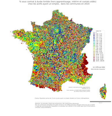 % sous contrat à durée limitée (hors apprentissage, intérim et contats aidés)  chez les actifs ayant un emploi - com2014
Mots-clés: conditions de travail et d-emploi;communes