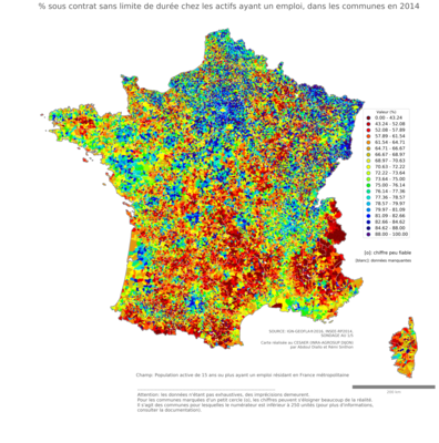 % sous contrat sans limite de durée chez les actifs ayant un emploi - com2014
Mots-clés: conditions de travail et d-emploi;communes