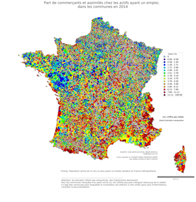 Part de commerçants et assimilés chez les actifs ayant un emploi - com2014
Mots-clés: profession;fonction publique ou indépendance;communes