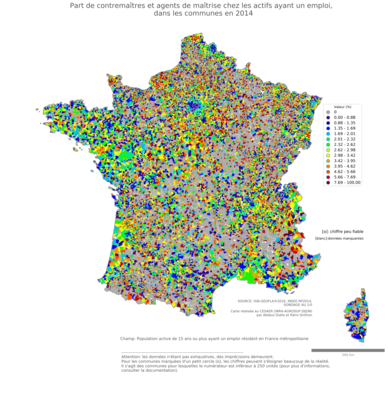 Part de contremaîtres et agents de maîtrise chez les actifs ayant un emploi - com2014
Mots-clés: profession;communes