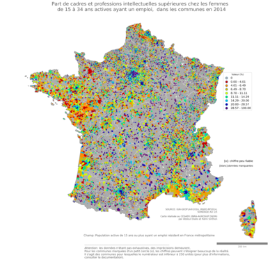 Part de cadres et professions intellectuelles supérieures chez les femmes de 15 à 34 ans actives ayant un emploi - com2014
Mots-clés: profession;sexe;femmes;âge;classes supérieures;communes