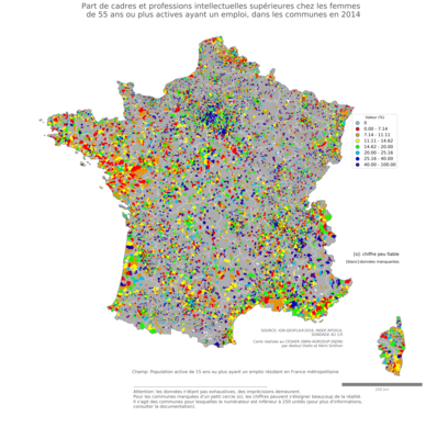 Part de cadres et professions intellectuelles supérieures chez les femmes de 55 ans ou plus actives ayant un emploi - com2014
Mots-clés: profession;sexe;femmes;âge;classes supérieures;communes