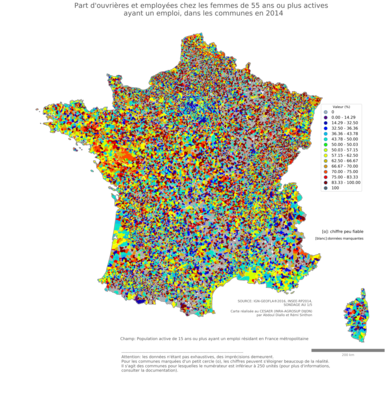 Part d'ouvrières et employées chez les femmes de 55 ans ou plus actives ayant un emploi - com2014
Mots-clés: profession;sexe;femmes;âge;classes populaires;communes