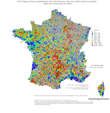 Part d'agricultrices exploitantes chez les femmes chez les actifs ayant un emploi - com2014
Mots-clés: profession;sexe;femmes;fonction publique ou indépendance;communes