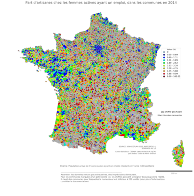 Part d'artisanes chez les femmes actives ayant un emploi - com2014
Mots-clés: profession;sexe;femmes;fonction publique ou indépendance;communes