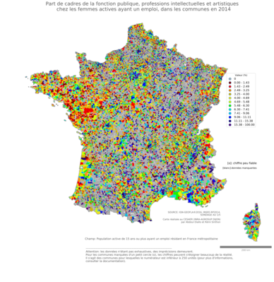 Part de cadres de la fonction publique, professions intellectuelles et artistiques chez les femmes actives ayant un emploi - com2014
Mots-clés: profession;sexe;femmes;classes supérieures;fonction publique ou indépendance;communes