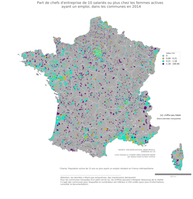 Part de chefs d'entreprise de 10 salariés ou plus chez les femmes actives ayant un emploi - com2014
Mots-clés: profession;sexe;femmes;classes supérieures;fonction publique ou indépendance;communes