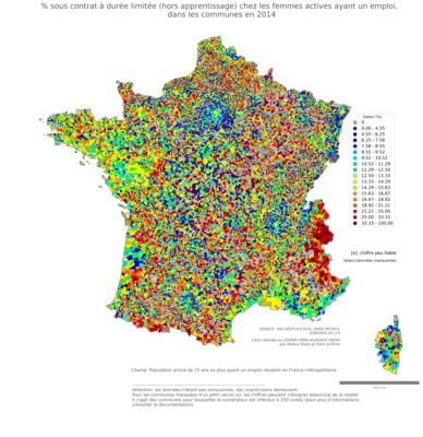 % sous contrat à durée limitée (hors apprentissage) chez les femmes actives ayant un emploi - com2014
Mots-clés: conditions de travail et d-emploi;sexe;femmes;classes populaires;communes