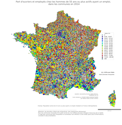 Part d'ouvriers et employés chez les hommes de 55 ans ou plus actifs ayant un emploi - com2014
Mots-clés: profession;sexe;hommes;âge;classes populaires;communes