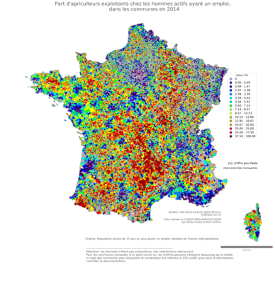 Part d'agriculteurs exploitants chez les hommes actifs ayant un emploi - com2014
Mots-clés: profession;sexe;hommes;fonction publique ou indépendance;communes