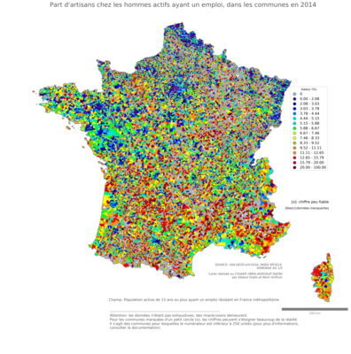 Part d'artisans chez les hommes actifs ayant un emploi - com2014
Mots-clés: profession;sexe;femmes;fonction publique ou indépendance;communes