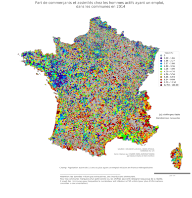 Part de commerçants et assimilés chez les hommes actifs ayant un emploi - com2014
Mots-clés: profession;sexe;femmes;fonction publique ou indépendance;communes