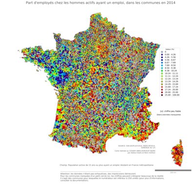 Part d'employés chez les hommes actifs ayant un emploi - com2014
Mots-clés: profession;sexe;hommes;classes populaires;communes