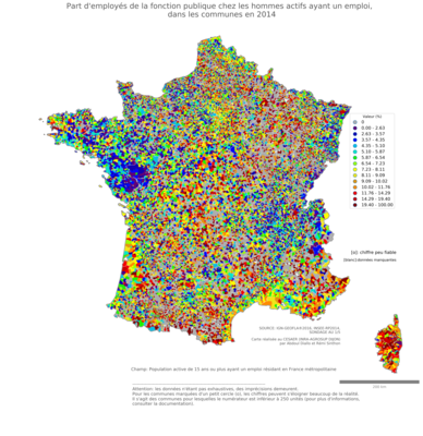 Part d'employés de la fonction publique chez les hommes actifs ayant un emploi - com2014
Mots-clés: profession;sexe;femmes;classes populaires;fonction publique ou indépendance;communes