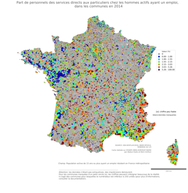 Part de personnels des services directs aux particuliers chez les hommes actifs ayant un emploi - com2014
Mots-clés: profession;sexe;femmes;classes populaires;communes