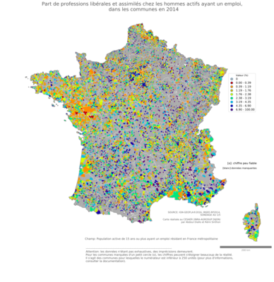 Part de professions libérales et assimilés chez les hommes actifs ayant un emploi - com2014
Mots-clés: profession;sexe;femmes;classes supérieures;communes