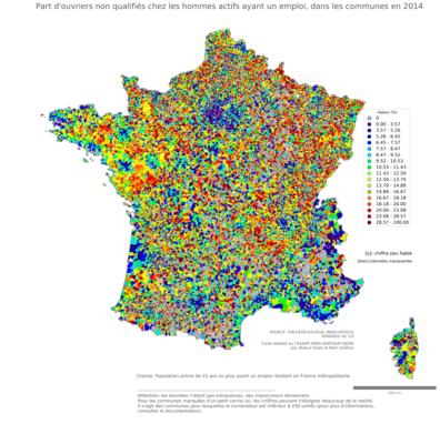 Part d'ouvriers non qualifiés chez les hommes actifs ayant un emploi - com2014
Mots-clés: profession;sexe;femmes;classes populaires;communes