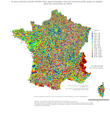 % sous contrat à durée limitée (hors apprentissage) chez les hommes actifs ayant un emploi - com2014
Mots-clés: conditions de travail et d-emploi;sexe;hommes;classes populaires;communes