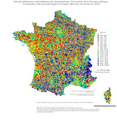 Part de professions intermédiaires de l'enseignement, de la santé, de la fonction publique et assimilés chez les actifs ayant un emploi - com2014
Mots-clés: profession;fonction publique ou indépendance;communes