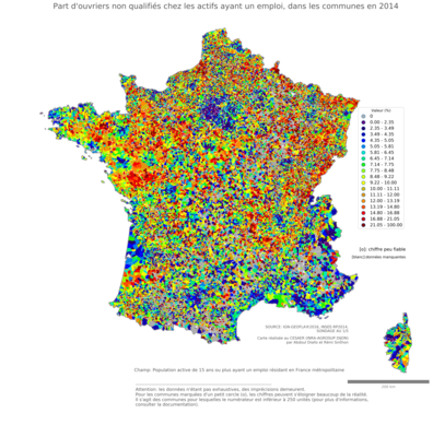 Part d'ouvriers non qualifiés chez les actifs ayant un emploi - com2014
Mots-clés: profession;classes populaires;communes