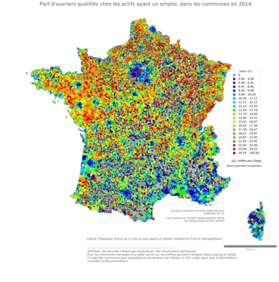 Part d'ouvriers qualifiés chez les actifs ayant un emploi - com2014
Mots-clés: profession;classes populaires;communes