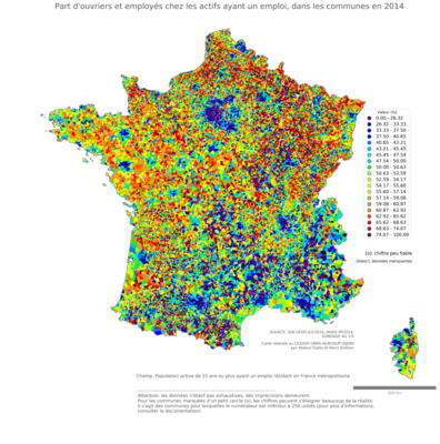 Part d'ouvriers et employés chez les actifs ayant un emploi - com2014
Mots-clés: profession;sexe;femmes;classes populaires;communes