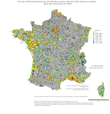 Part de chefs d'entreprise de 10 salariés ou plus chez les actifs ayant un emploi - com2014
Mots-clés: profession;classes supérieures;fonction publique ou indépendance;communes