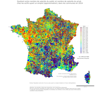 Quotient entre nombre de salariés du public et nombre de salariés du privé,  chez les actifs ayant un emploi [approximation] - com2014
Mots-clés: profession;sexe;femmes;fonction publique ou indépendance;communes