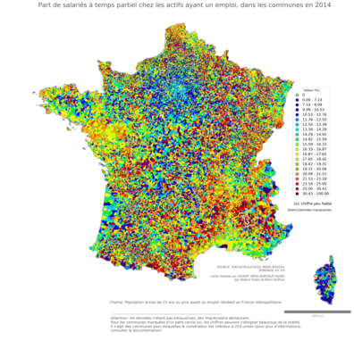 Part de salariés à temps partiel chez les actifs ayant un emploi - com2014
Mots-clés: conditions de travail et d-emploi;communes