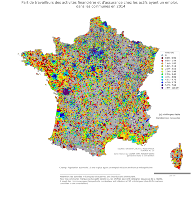 Part de travailleurs des activités financières et d'assurance chez les actifs ayant un emploi - com2014
Mots-clés: secteur d-activité;communes