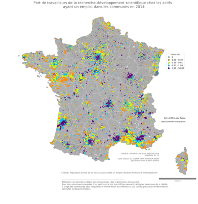 Part de travailleurs de la recherche'développement scientifique chez les actifs ayant un emploi - com2014
Mots-clés: secteur d-activité;communes