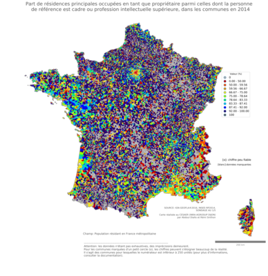 Part de résidences principales occupées en tant que propriétaire parmi celles dont la personne de référence est cadre ou profession intellectuelle supérieure - com2014
Mots-clés: résidence et logement;profession;conditions d-existence;classes supérieures;communes