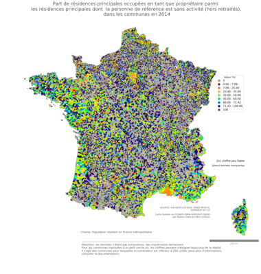 Part de résidences principales occupées en tant que propriétaire parmi les résidences principales dont la personne de référence est sans activité (hors retraités) - com2014
Mots-clés: résidence et logement;chômage;conditions d-existence;classes populaires;communes