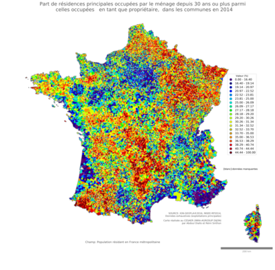 Part de résidences principales occupées par le ménage depuis 30 ans ou plus parmi celles occupées en tant que propriétaire - com2014
Mots-clés: résidence et logement;conditions d-existence;communes