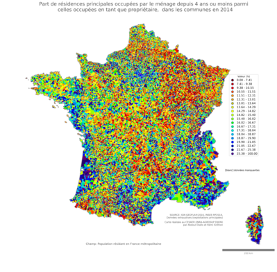 Part de résidences principales occupées par le ménage depuis 4 ans ou moins parmi celles occupées en tant que propriétaire - com2014
Mots-clés: résidence et logement;conditions d-existence;communes