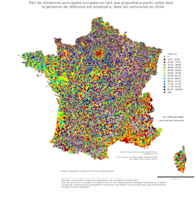 Part de résidences principales occupées en tant que propriétaire parmi celles dont la personne de référence est employé.e - com2014
Mots-clés: résidence et logement;profession;conditions d-existence;classes populaires;communes