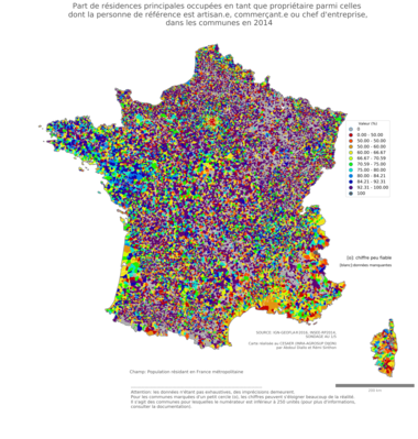 Part de résidences principales occupées en tant que propriétaire parmi celles dont la personne de référence est artisan.e, commerçant.e ou chef d'entreprise - com2014
Mots-clés: résidence et logement;profession;conditions d-existence;fonction publique ou indépendance;communes