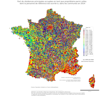 Part de résidences principales occupées en tant que propriétaire parmi celles dont la personne de référence est ouvrièr.e - com2014
Mots-clés: résidence et logement;profession;conditions d-existence;classes populaires;communes