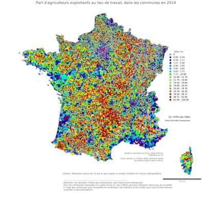 Part d'agriculteurs exploitants au lieu de travail - com2014
Mots-clés: profession;lieu de travail;fonction publique ou indépendance;communes