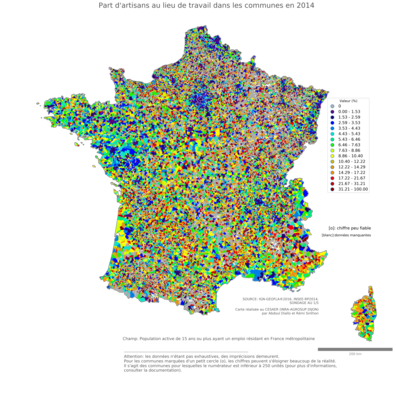 Part d'artisans au lieu de travail - com2014
Mots-clés: profession;lieu de travail;fonction publique ou indépendance;communes